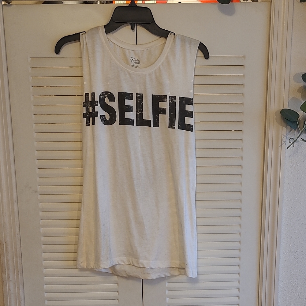 Cold Crush White Muscle Tee with Black #SELFIE Print